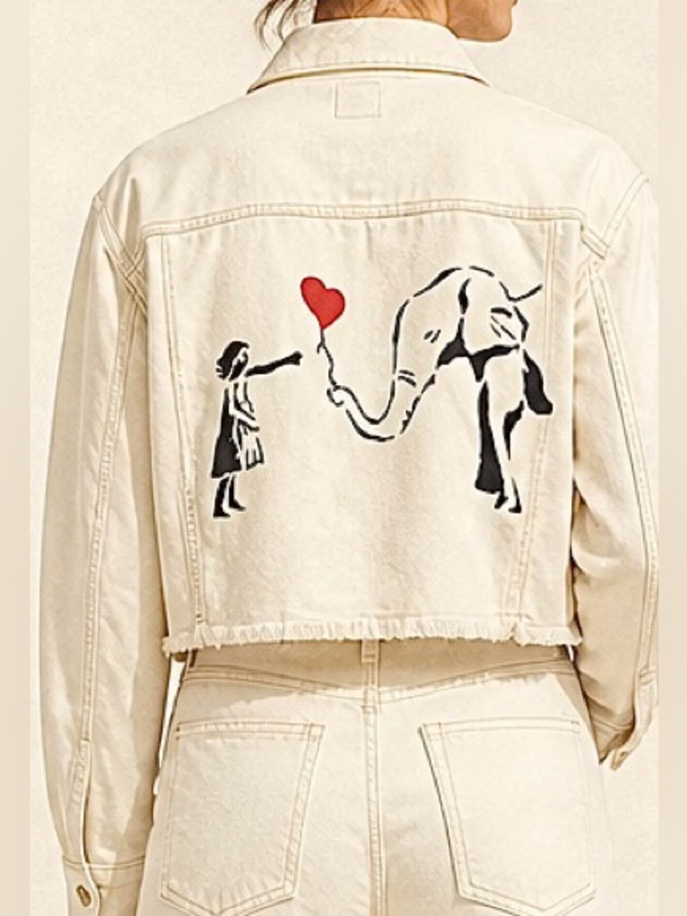 Women's Cream Cropped Denim Jacket w/ purple Leopard, elephant. Hand painted.
